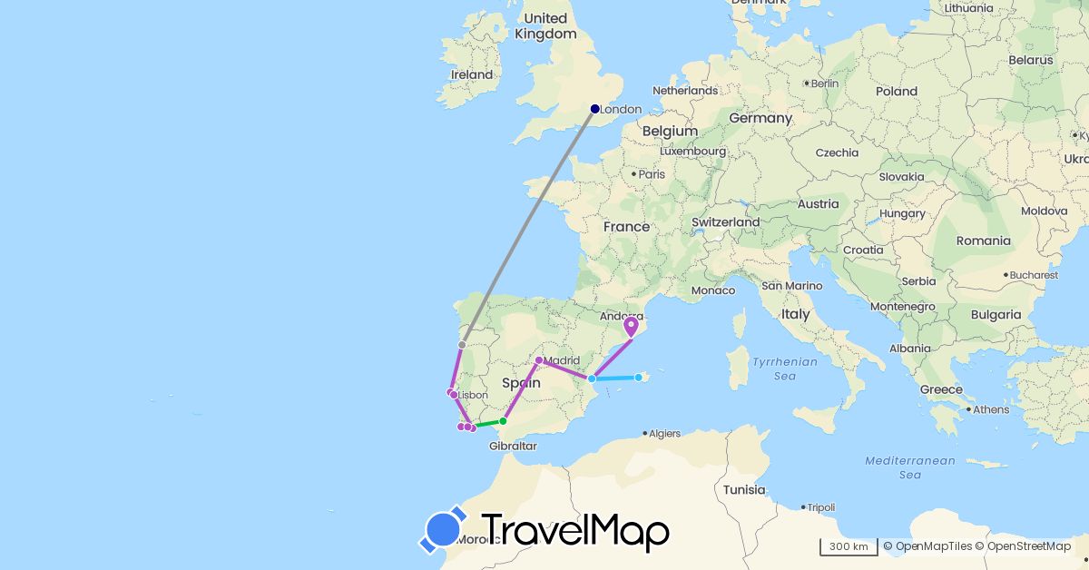 TravelMap itinerary: driving, bus, plane, train, boat in Spain, United Kingdom, Portugal (Europe)